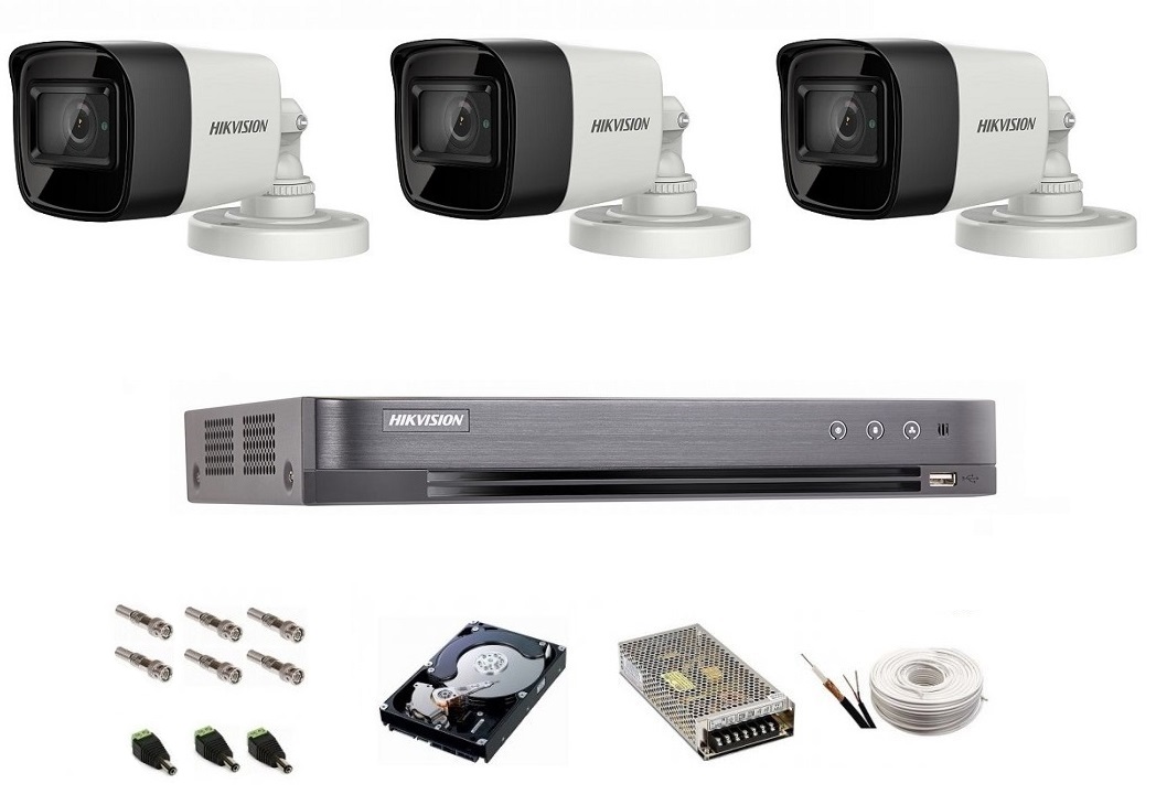 Sistem de supraveghere Hikvision Turbo HD, 4K / 8,3 Mp, 3 camere IR 30 m